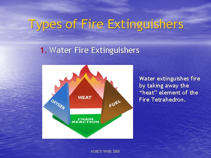 Types of Fire Extinguishers 1. Water Fire Extinguishers Water extinguishes fire by taking away