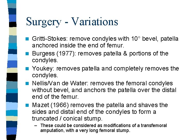 Surgery - Variations n n n Gritti-Stokes: remove condyles with 10° bevel, patella anchored