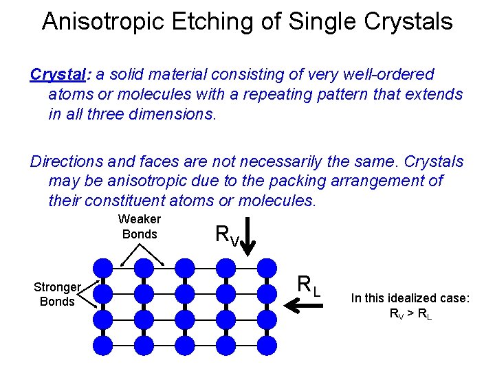 Anisotropic Etching of Single Crystals Crystal: a solid material consisting of very well-ordered atoms