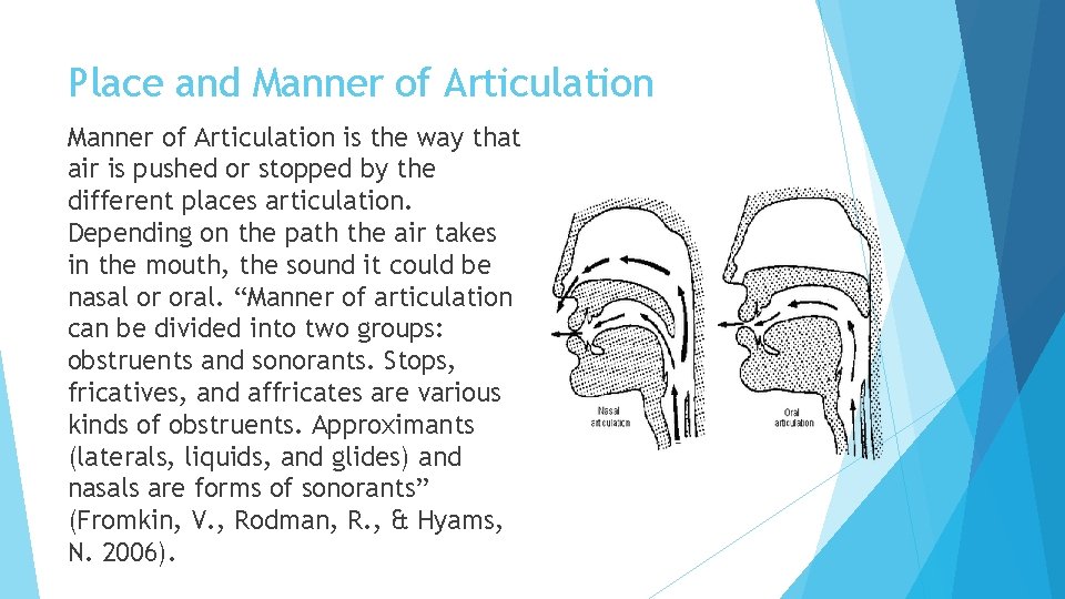 Place and Manner of Articulation is the way that air is pushed or stopped
