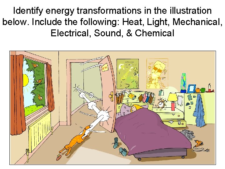Identify energy transformations in the illustration below. Include the following: Heat, Light, Mechanical, Electrical,