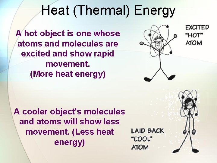 Heat (Thermal) Energy A hot object is one whose atoms and molecules are excited