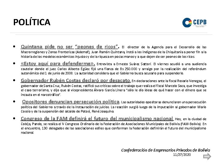 POLÍTICA • Quintana pide no ser “peones de ricos”. El director de la Agencia