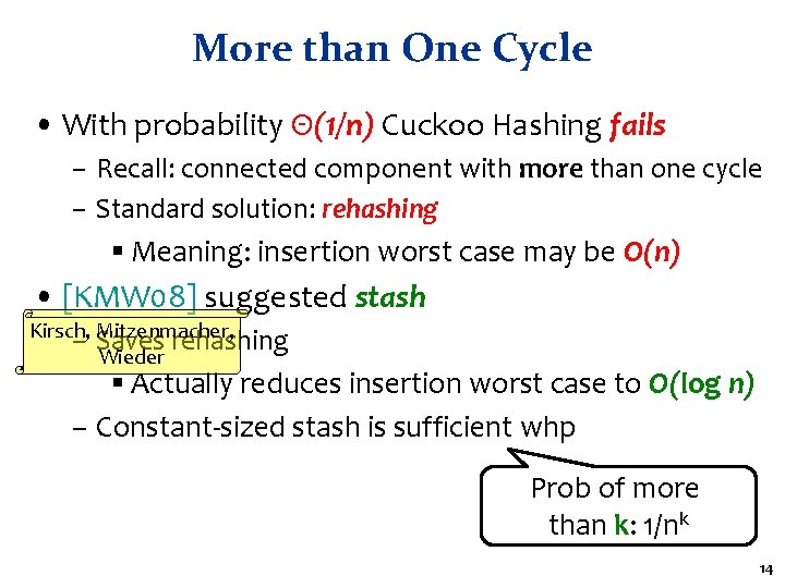 More than One Cycle • With probability Θ(1/n) Cuckoo Hashing fails – Recall: connected More than One Cycle • With probability Θ(1/n) Cuckoo Hashing fails – Recall: connected