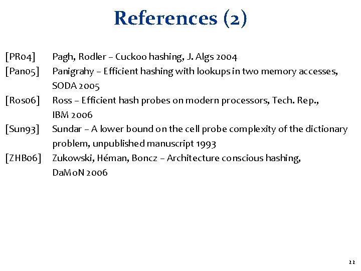 References (2) [PR 04] [Pan 05] [Ros 06] [Sun 93] [ZHB 06] Pagh, Rodler