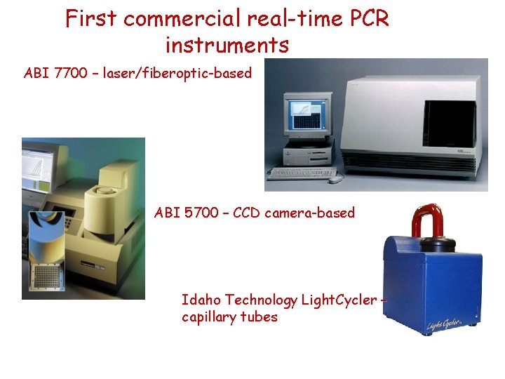 First commercial real-time PCR instruments ABI 7700 – laser/fiberoptic-based ABI 5700 – CCD camera-based