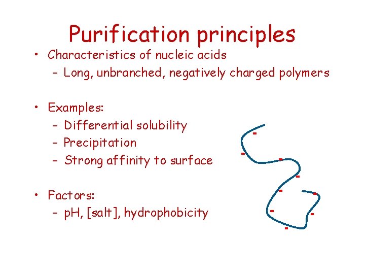 Purification principles • Characteristics of nucleic acids – Long, unbranched, negatively charged polymers •