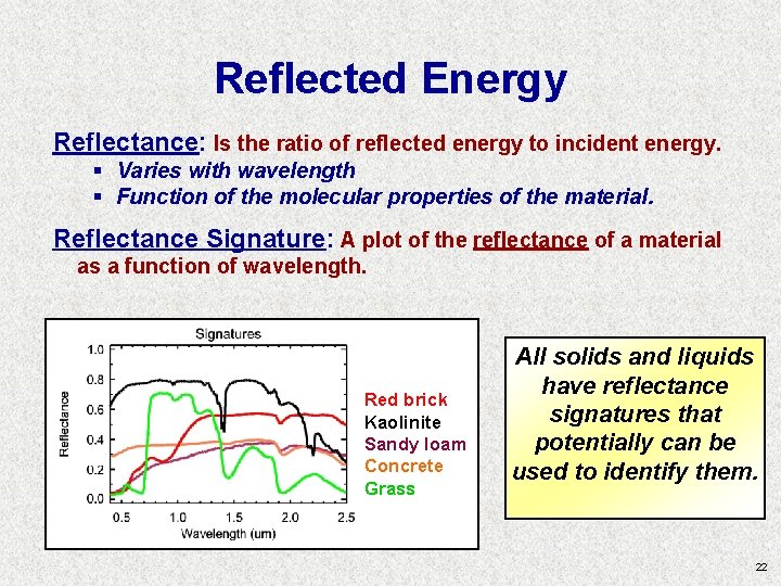 Reflected Energy Reflectance: Is the ratio of reflected energy to incident energy. § Varies Reflected Energy Reflectance: Is the ratio of reflected energy to incident energy. § Varies