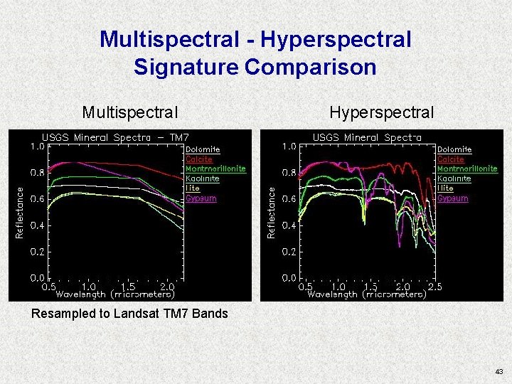 Multispectral - Hyperspectral Signature Comparison Multispectral Hyperspectral Resampled to Landsat TM 7 Bands 43 Multispectral - Hyperspectral Signature Comparison Multispectral Hyperspectral Resampled to Landsat TM 7 Bands 43