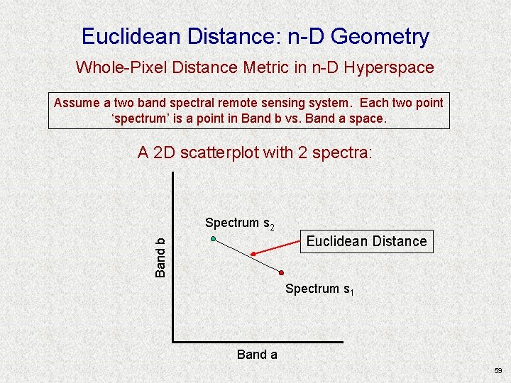 Euclidean Distance: n-D Geometry Whole-Pixel Distance Metric in n-D Hyperspace Assume a two band Euclidean Distance: n-D Geometry Whole-Pixel Distance Metric in n-D Hyperspace Assume a two band