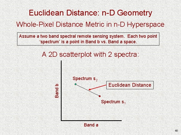 Euclidean Distance: n-D Geometry Whole-Pixel Distance Metric in n-D Hyperspace Assume a two band Euclidean Distance: n-D Geometry Whole-Pixel Distance Metric in n-D Hyperspace Assume a two band