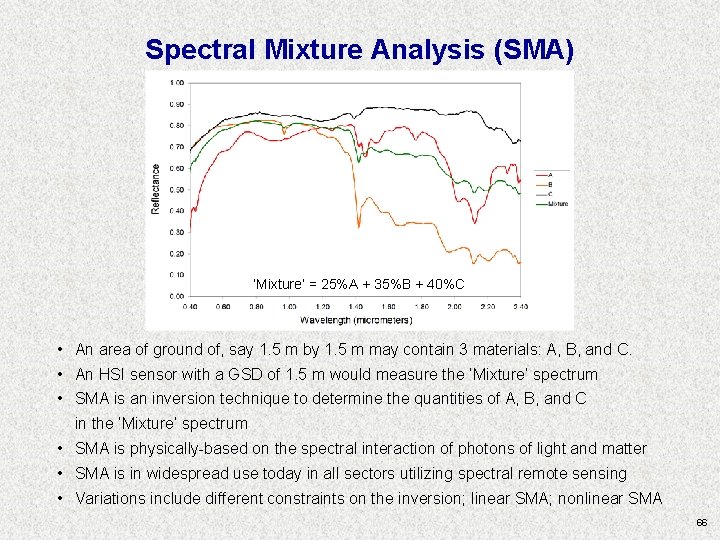 Spectral Mixture Analysis (SMA) ‘Mixture’ = 25%A + 35%B + 40%C • An area Spectral Mixture Analysis (SMA) ‘Mixture’ = 25%A + 35%B + 40%C • An area
