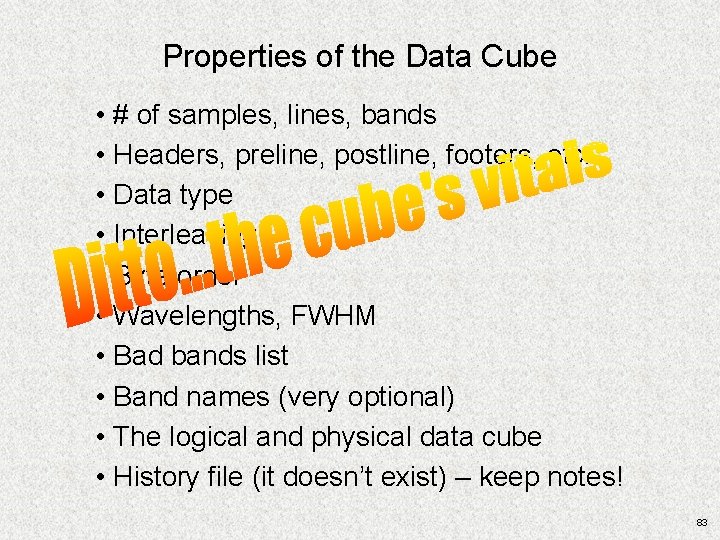 Properties of the Data Cube • # of samples, lines, bands • Headers, preline, Properties of the Data Cube • # of samples, lines, bands • Headers, preline,