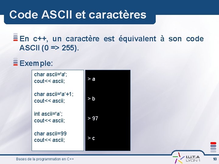 Code ASCII et caractères En c++, un caractère est équivalent à son code ASCII