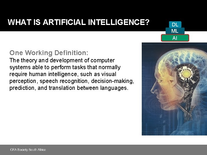 WHAT IS ARTIFICIAL INTELLIGENCE? DL ML AI One Working Definition: The theory and development
