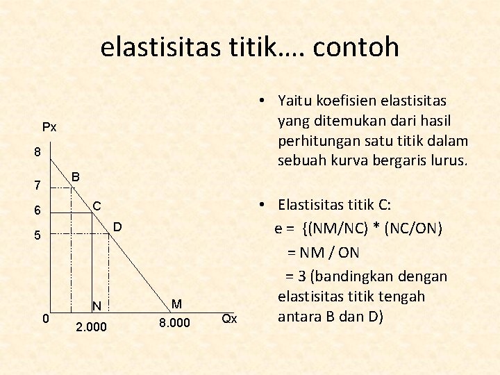 elastisitas titik…. contoh • Yaitu koefisien elastisitas yang ditemukan dari hasil perhitungan satu titik