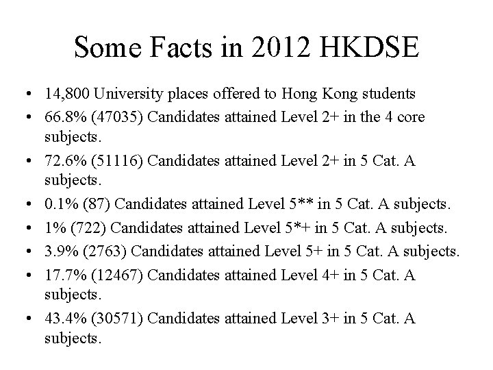 Some Facts in 2012 HKDSE • 14, 800 University places offered to Hong Kong