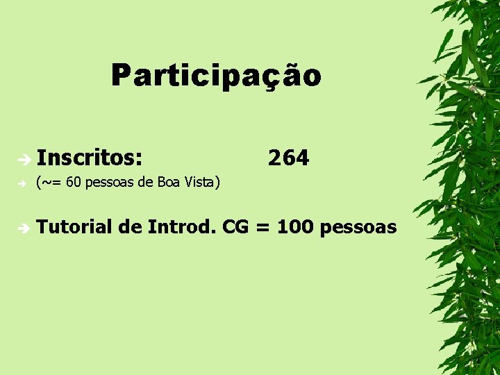 Participação è Inscritos: 264 è (~= 60 pessoas de Boa Vista) è Tutorial de