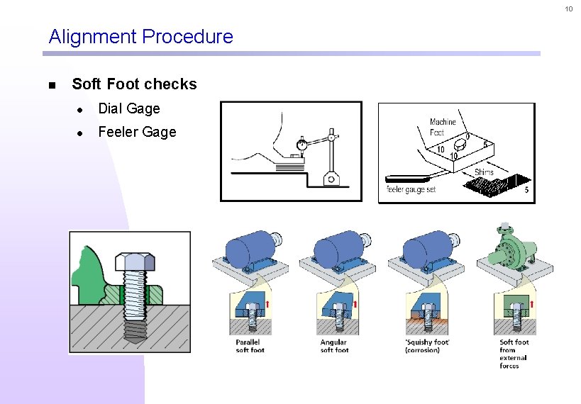 10 Alignment Procedure n Soft Foot checks l Dial Gage l Feeler Gage 