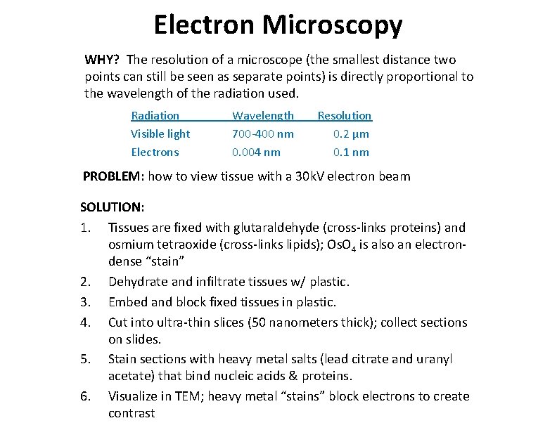 Electron Microscopy WHY? The resolution of a microscope (the smallest distance two points can