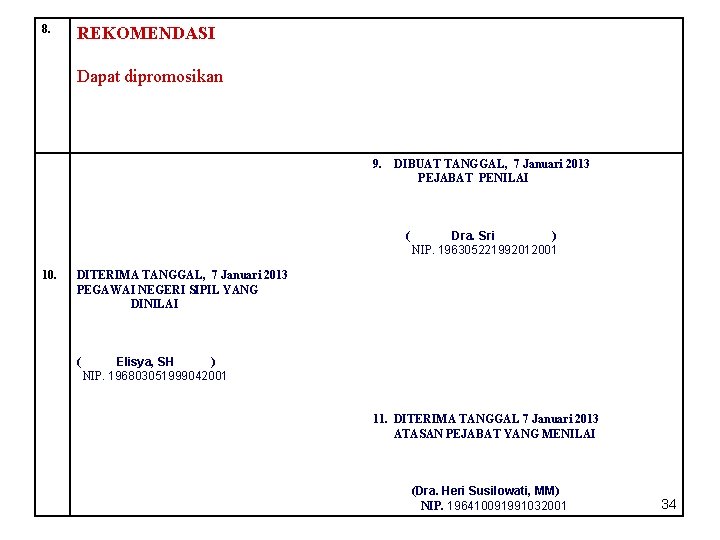 8. REKOMENDASI Dapat dipromosikan 9. DIBUAT TANGGAL, 7 Januari 2013 PEJABAT PENILAI ( 10.