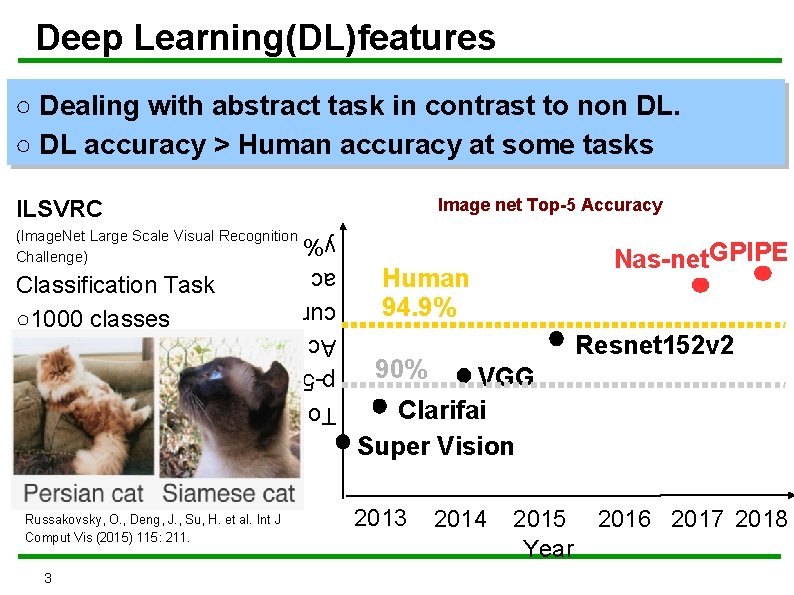 Deep Learning(DL)features ○ Dealing with abstract task in contrast to non DL. ○ DL