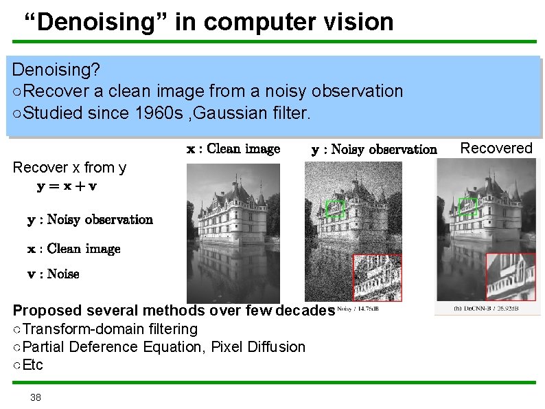 “Denoising” in computer vision Denoising? ○Recover a clean image from a noisy observation ○Studied