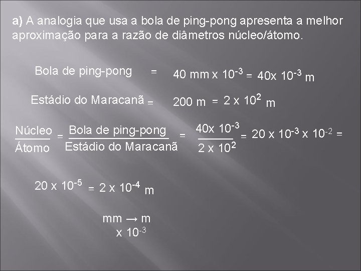 a) A analogia que usa a bola de ping-pong apresenta a melhor aproximação para