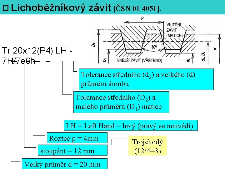  Lichoběžníkový závit [ČSN 01 4051]. Tr 20 x 12(P 4) LH 7 H/7