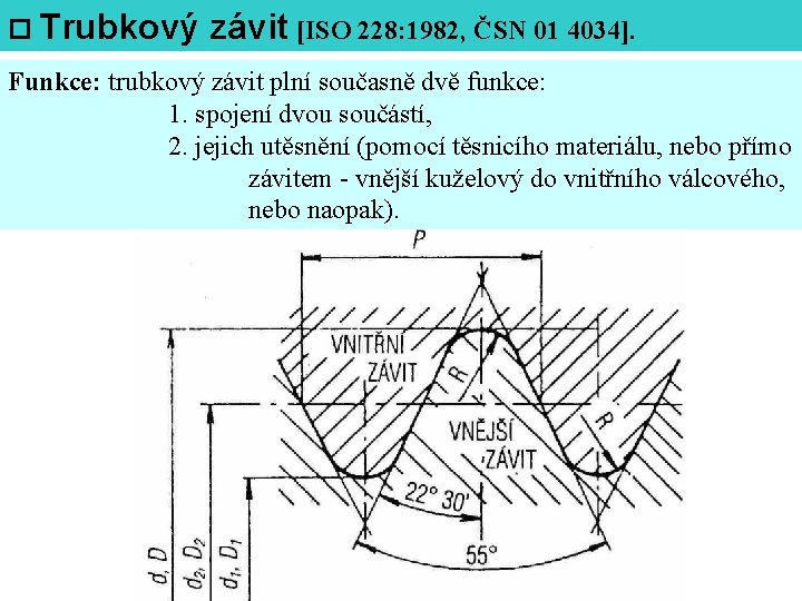  Trubkový závit [ISO 228: 1982, ČSN 01 4034]. Funkce: trubkový závit plní současně