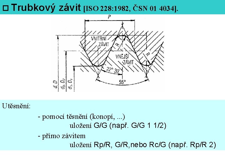  Trubkový závit [ISO 228: 1982, ČSN 01 4034]. Utěsnění: - pomocí těsnění (konopí,