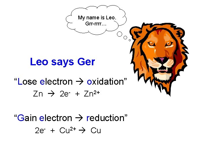 My name is Leo. Grr-rrrr… Leo says Ger “Lose electron oxidation” Zn 2 e-