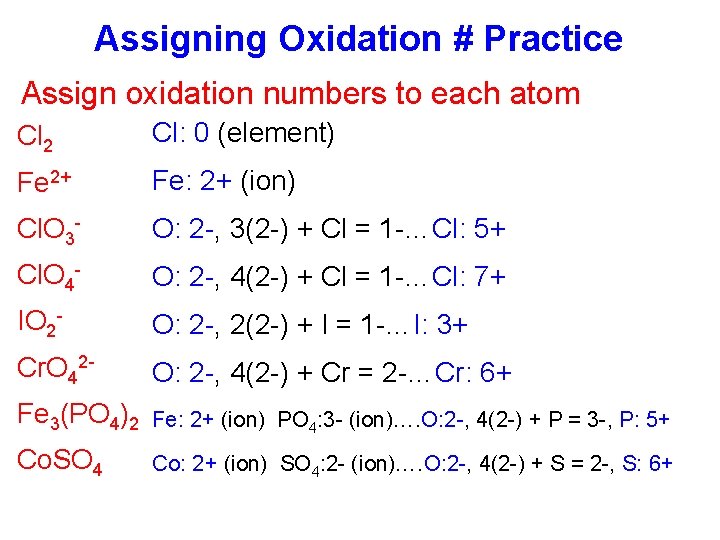 Assigning Oxidation # Practice Assign oxidation numbers to each atom Cl 2 Cl: 0
