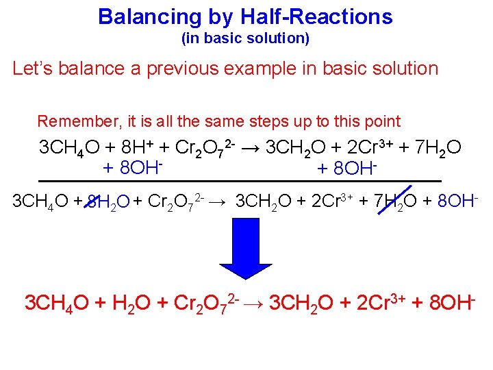 Balancing by Half-Reactions (in basic solution) Let’s balance a previous example in basic solution