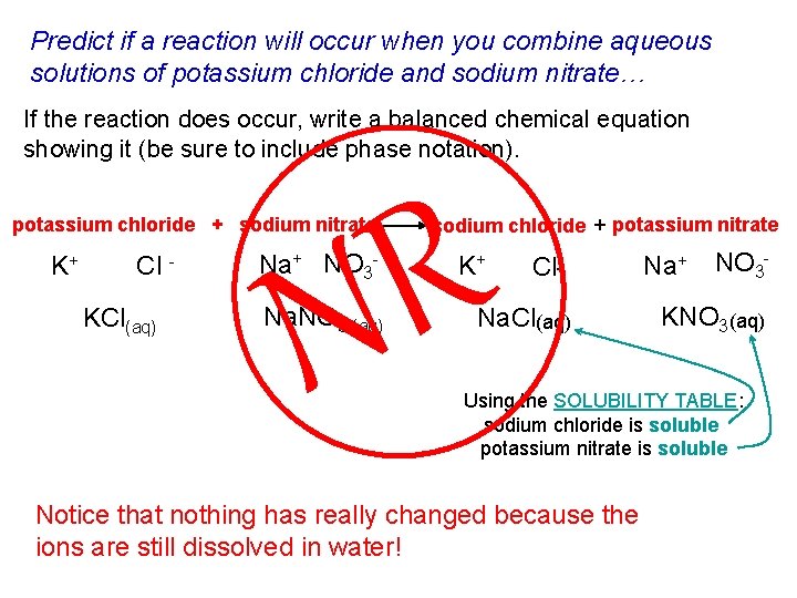 Predict if a reaction will occur when you combine aqueous solutions of potassium chloride