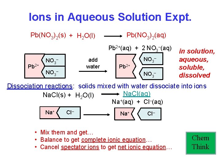 Ions in Aqueous Solution Expt. Pb(NO 3)2(s) + H 2 O(l) Pb(NO 3)2(aq) Pb