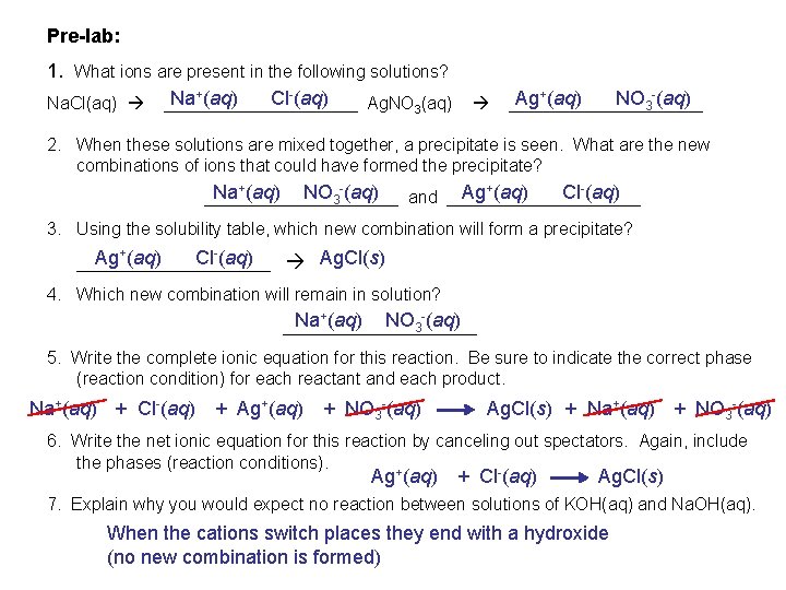 Pre-lab: 1. What ions are present in the following solutions? Na+(aq) Cl-(aq) Ag+(aq) NO