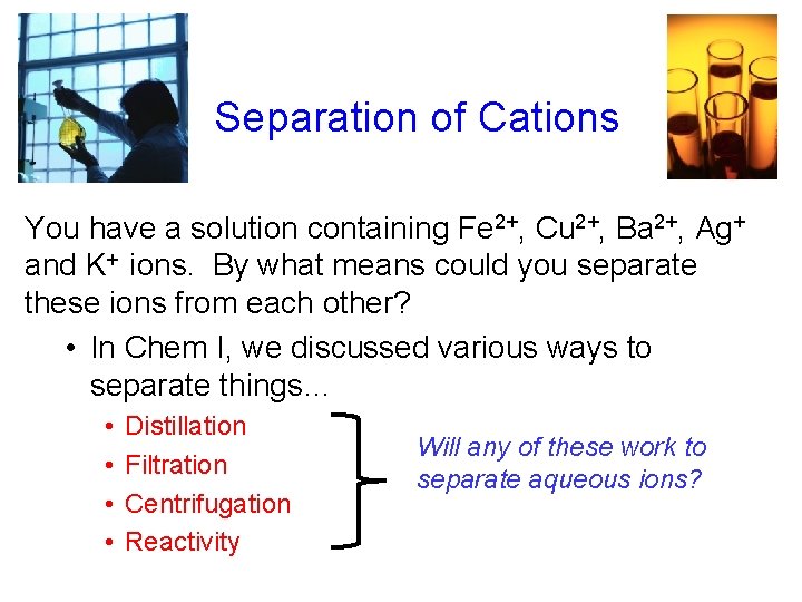 Separation of Cations You have a solution containing Fe 2+, Cu 2+, Ba 2+,