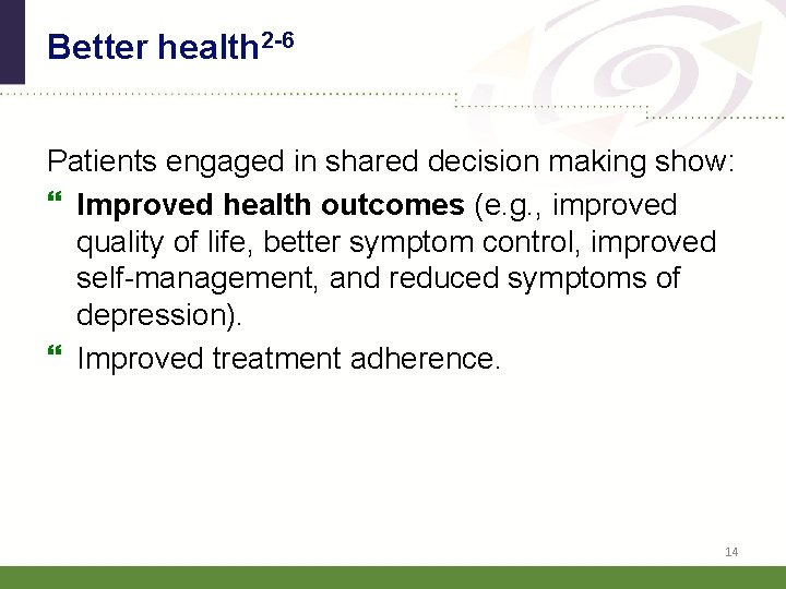 Better health 2 -6 Patients engaged in shared decision making show: Improved health outcomes