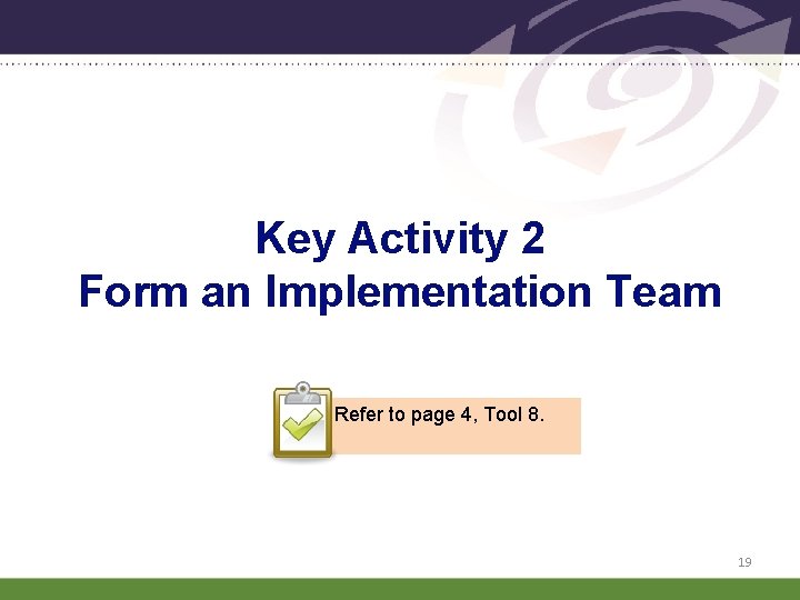 Key Activity 2 Form an Implementation Team Refer to page 4, Tool 8. 19