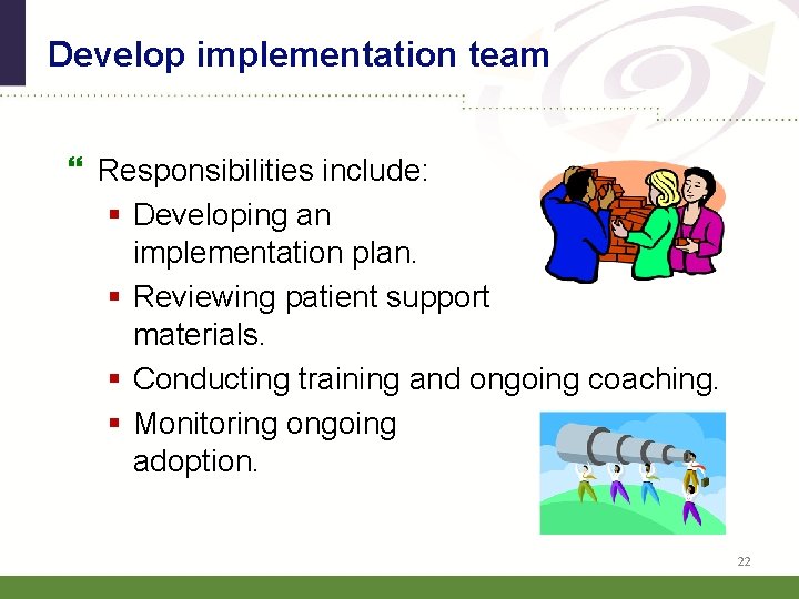 Develop implementation team Responsibilities include: § Developing an implementation plan. § Reviewing patient support