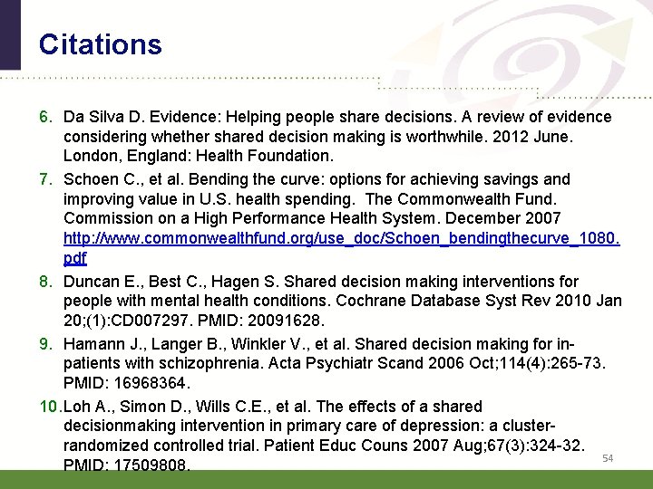 Citations 6. Da Silva D. Evidence: Helping people share decisions. A review of evidence