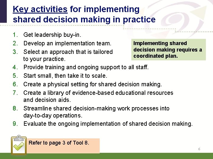 Key activities for implementing shared decision making in practice 1. Get leadership buy-in. Implementing