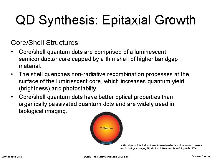 QD Synthesis: Epitaxial Growth Core/Shell Structures: • Core/shell quantum dots are comprised of a
