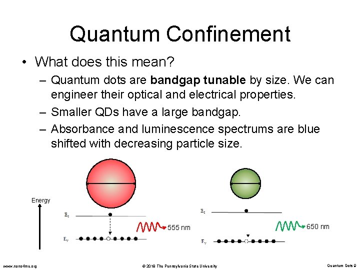 Quantum Confinement • What does this mean? – Quantum dots are bandgap tunable by