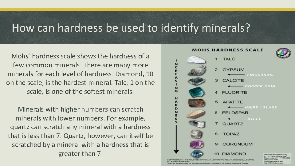 How can hardness be used to identify minerals? Mohs’ hardness scale shows the hardness