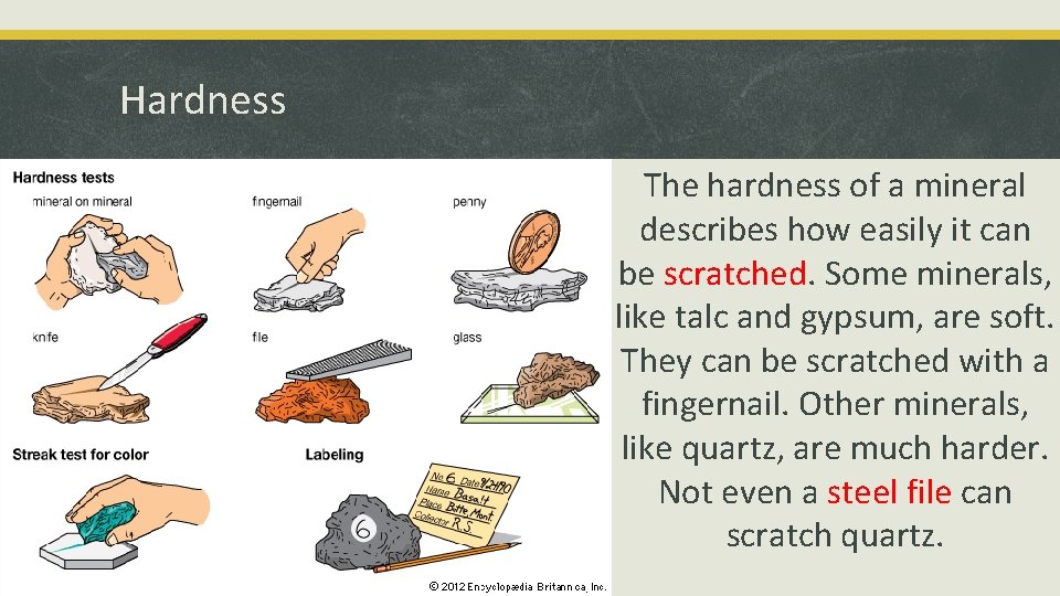 Hardness The hardness of a mineral describes how easily it can be scratched. Some