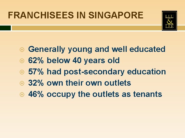 FRANCHISEES IN SINGAPORE Generally young and well educated 62% below 40 years old 57%
