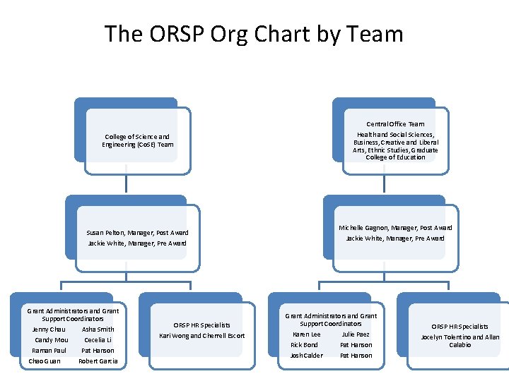 The ORSP Org Chart by Team Central Office Team Health and Social Sciences, Business,