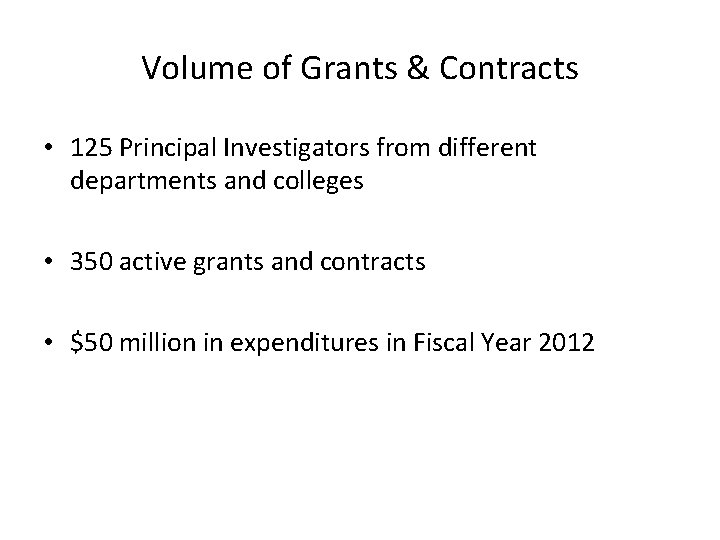 Volume of Grants & Contracts • 125 Principal Investigators from different departments and colleges